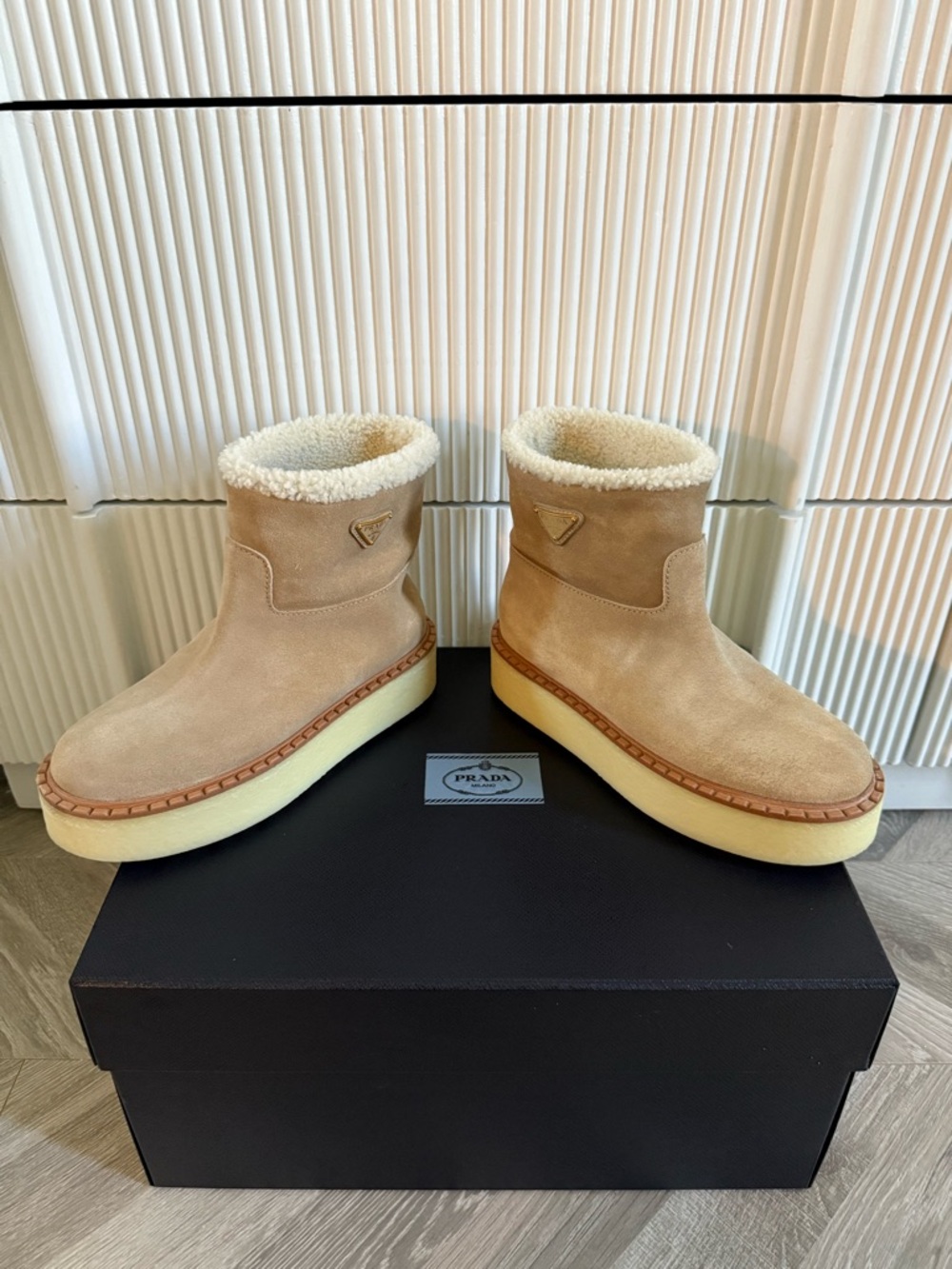 Prada Beige Suede Shearling-Lined Ankle Boots